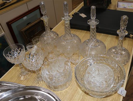 A collection of table glassware, including decanters, drinking glasses, bowls, etc. (faults)